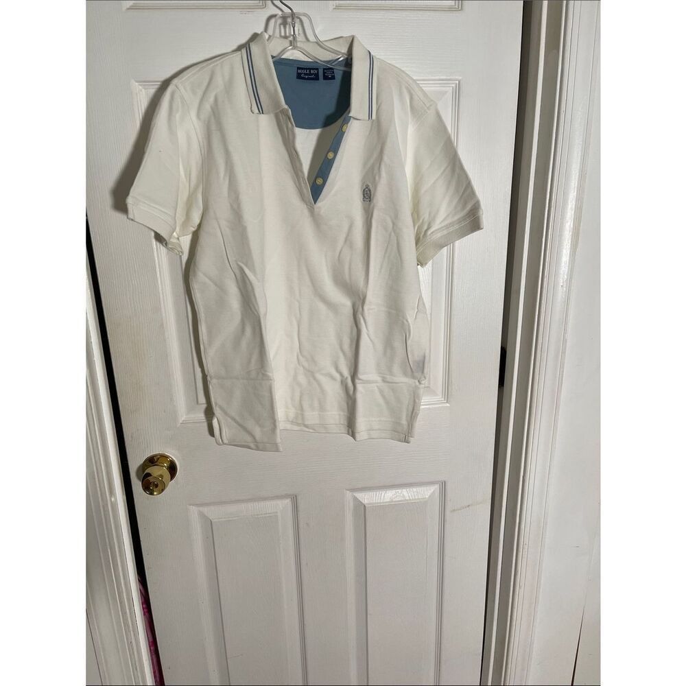 Vintage Bugle Boy Original Polo Shirt - White with Blue Trim